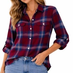 The Normal Brand Flannel Shirt Women's Long Sleeve Plaid Button Up Burgundy Med